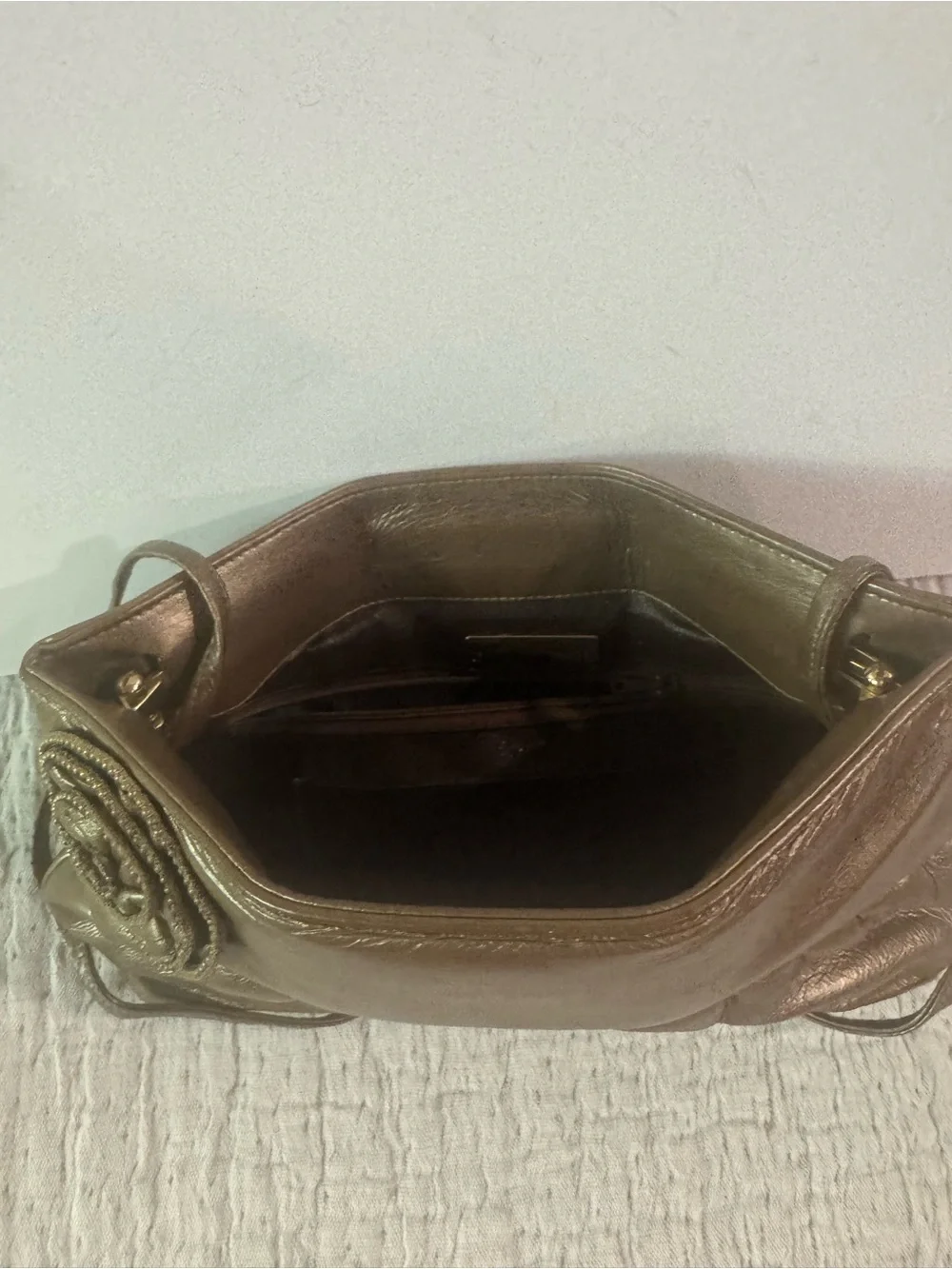 VTG Stuart Weitzman Metallic Bronze Hinge Open Clutch with Zipper Rosette